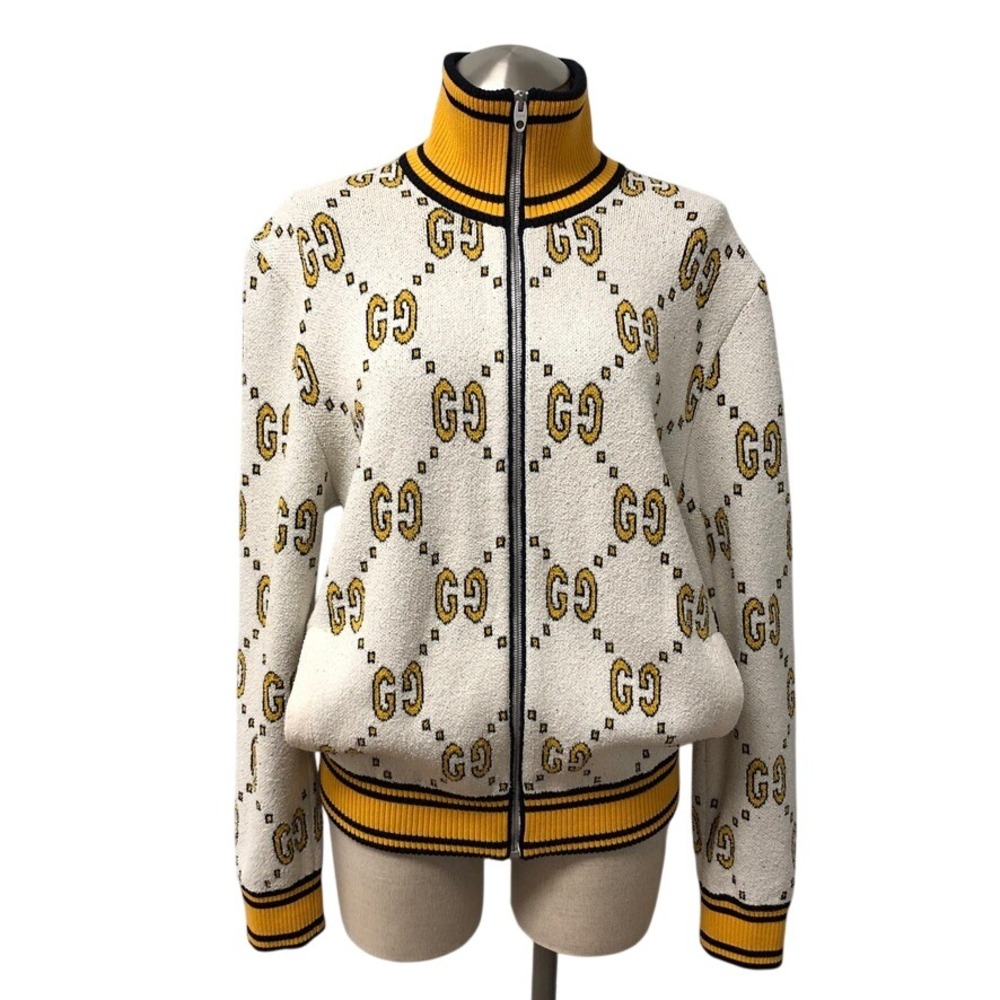 Gucci Track Jacket Mens Medium White Yellow GG Monogram Full Zip Luxury Italy